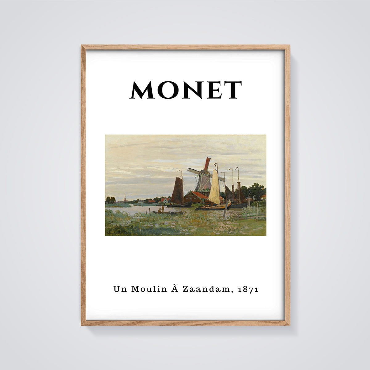 Un Moulin à Zaandam Print framed in oak on a grey background