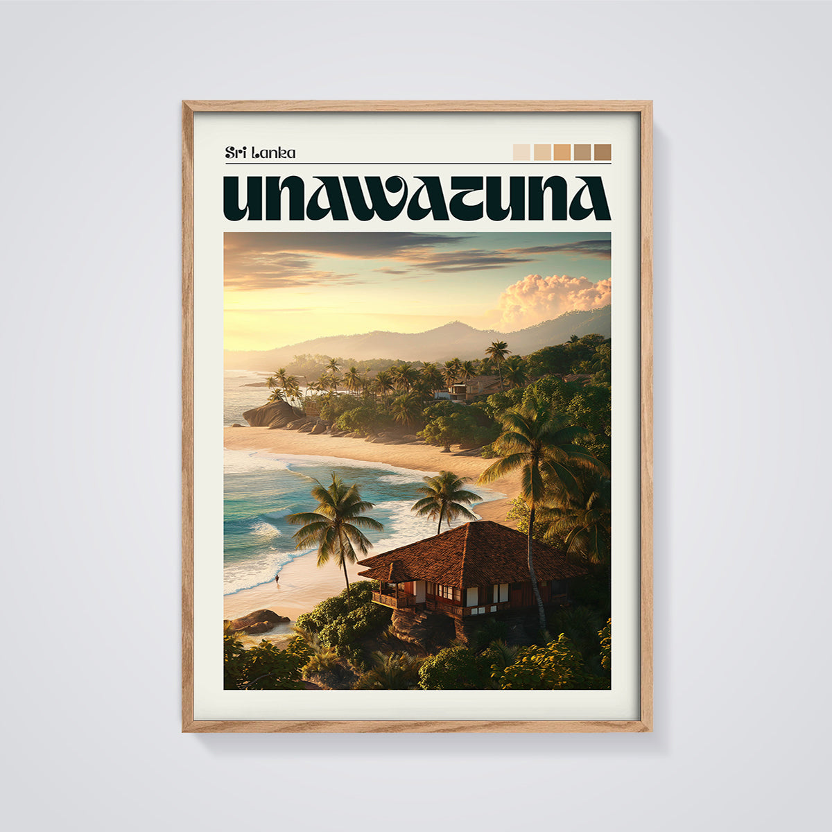 Unawatuna Sri Lanka Sunset Beach Print framed in oak on a grey background