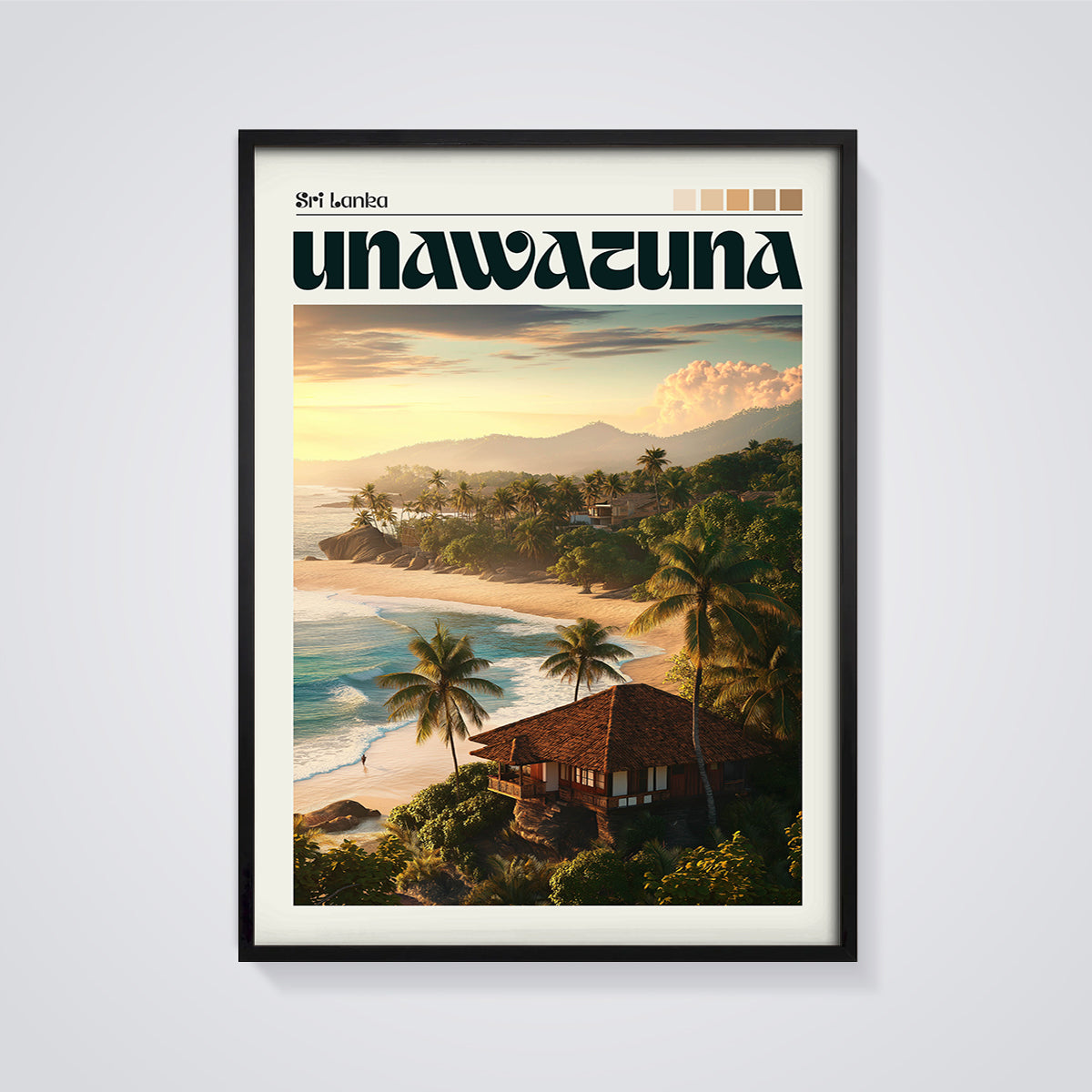 Unawatuna Sri Lanka Sunset Beach Print framed in black on a grey background
