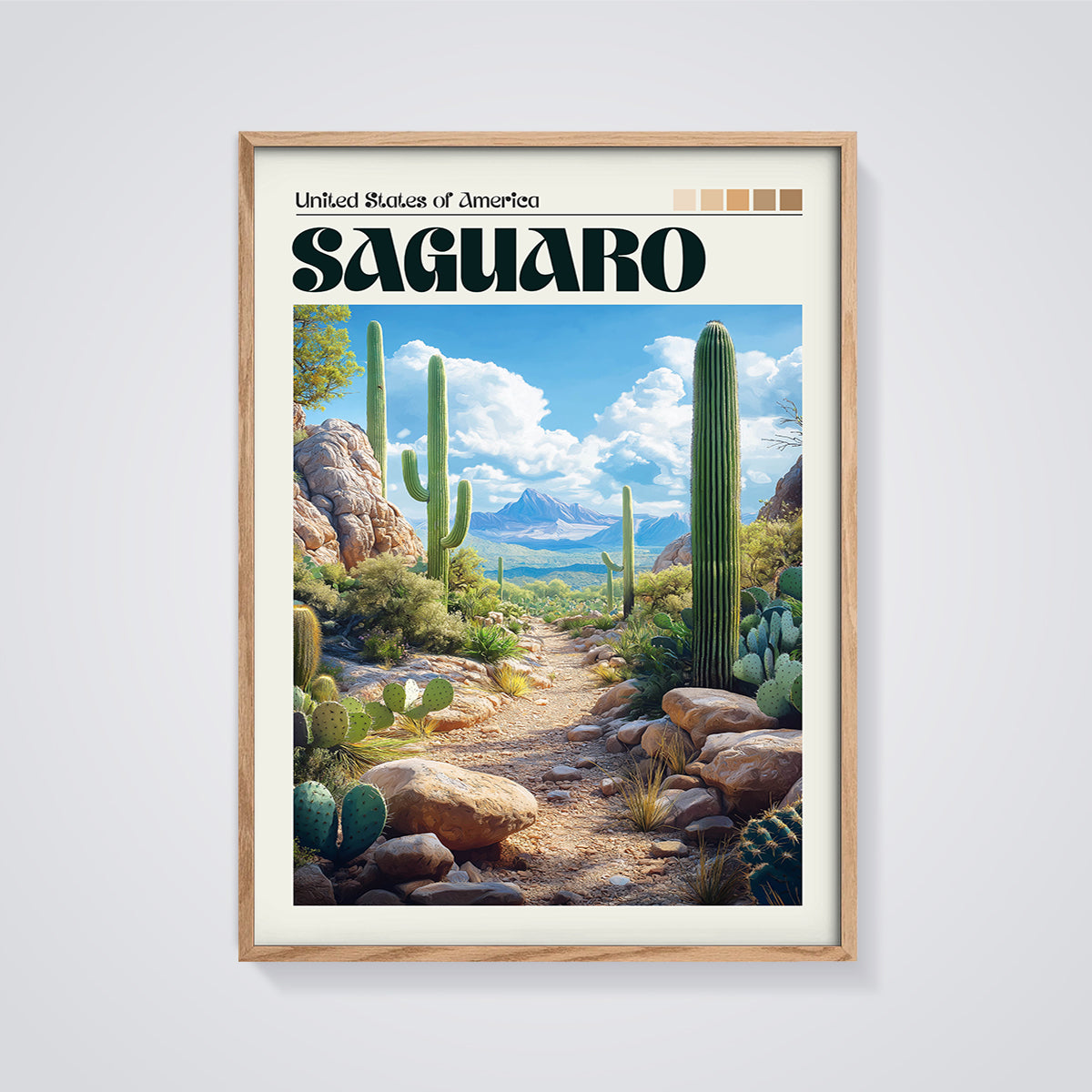 United States Saguaro Print framed in oak on a grey background