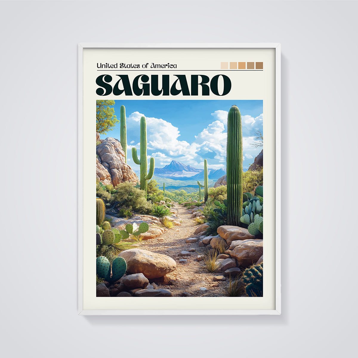 United States Saguaro Print framed in white on a grey background