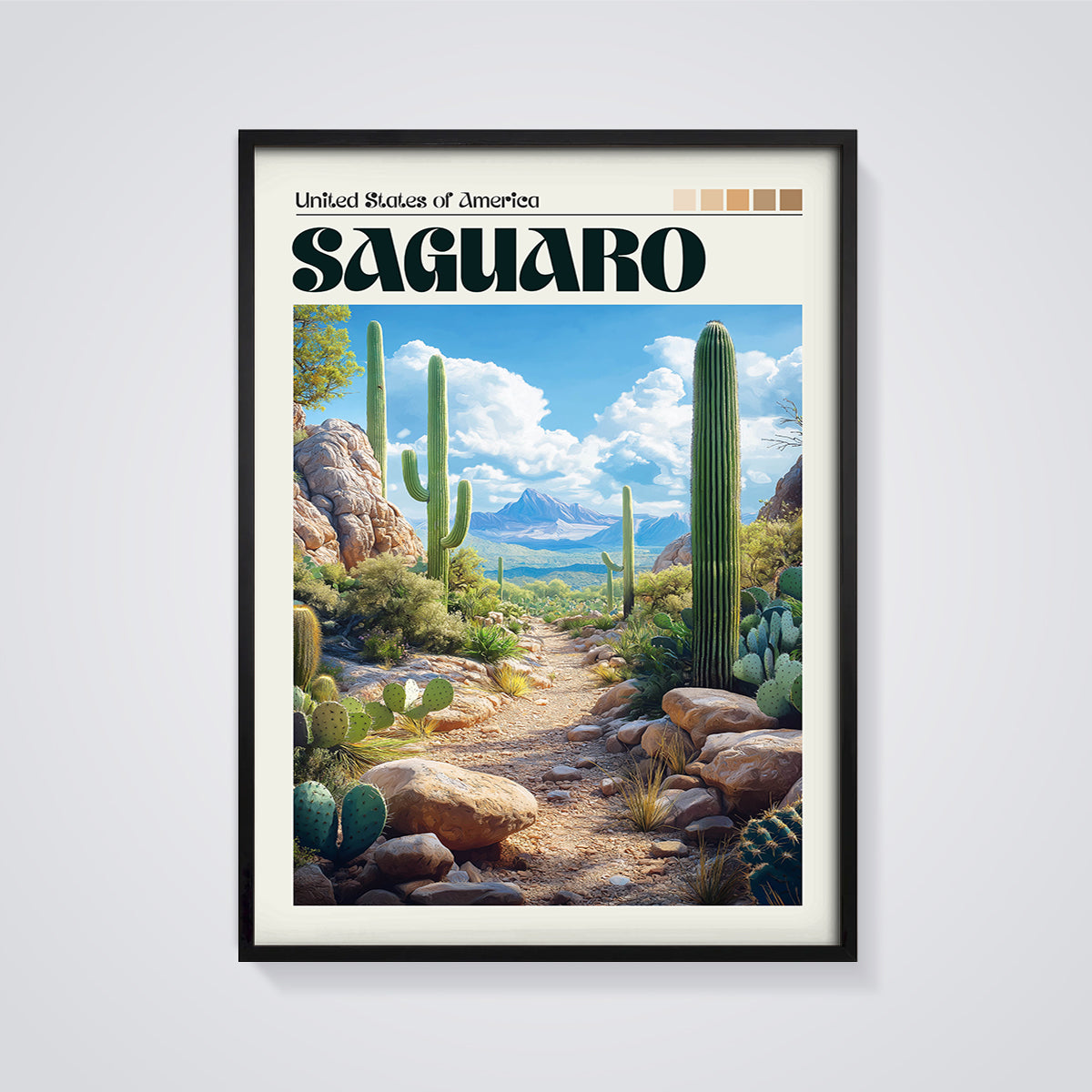 United States Saguaro Print framed in black on a grey background
