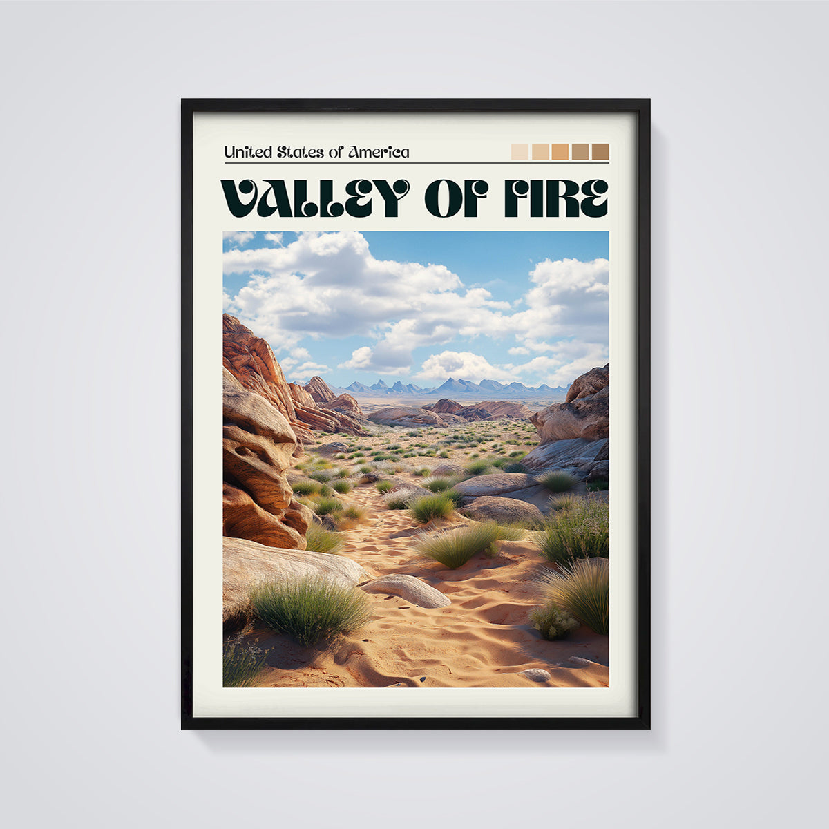 United States Valley of Fire Print framed in black on a grey background