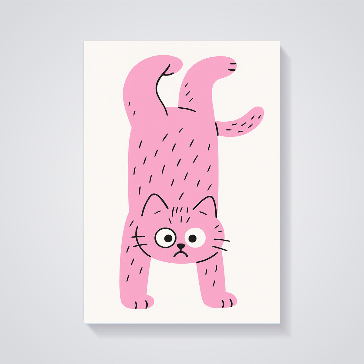 Upside Down Pink Cat Print unframed on a grey background