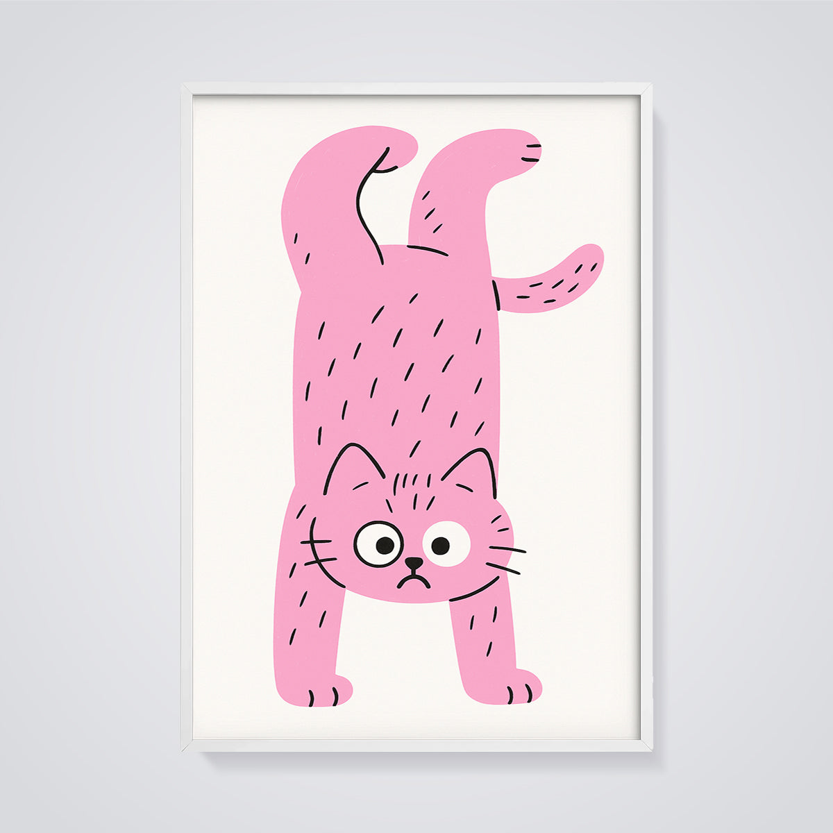 Upside Down Pink Cat Print framed in white on a grey background