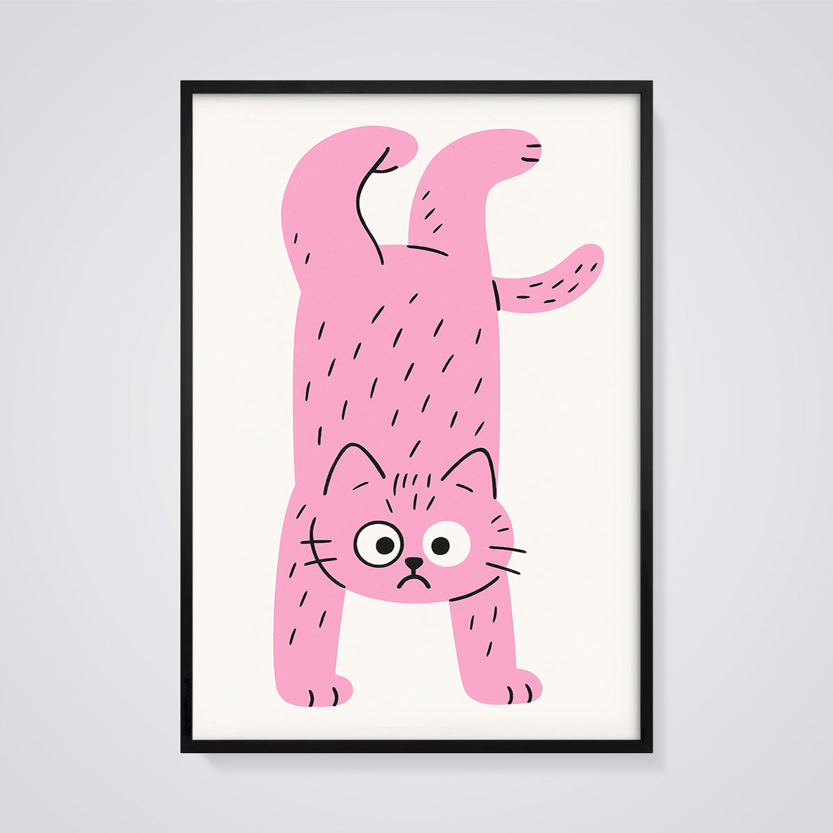 Upside Down Pink Cat Print framed in black on a grey background