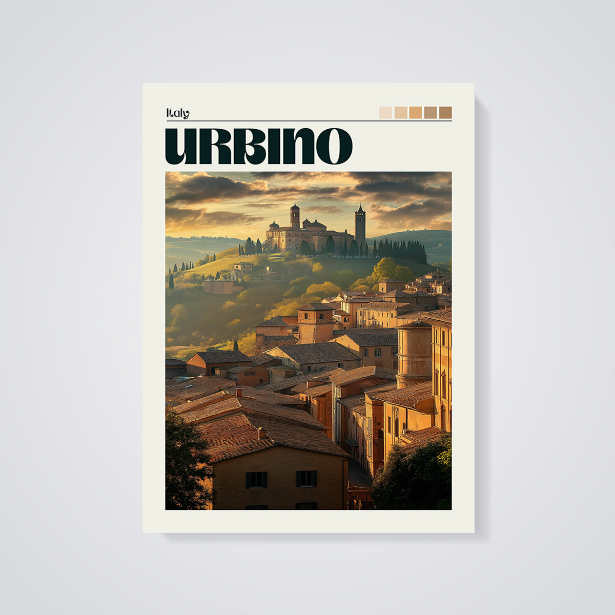 Urbino Cityscape Sunset Print unframed on a grey background