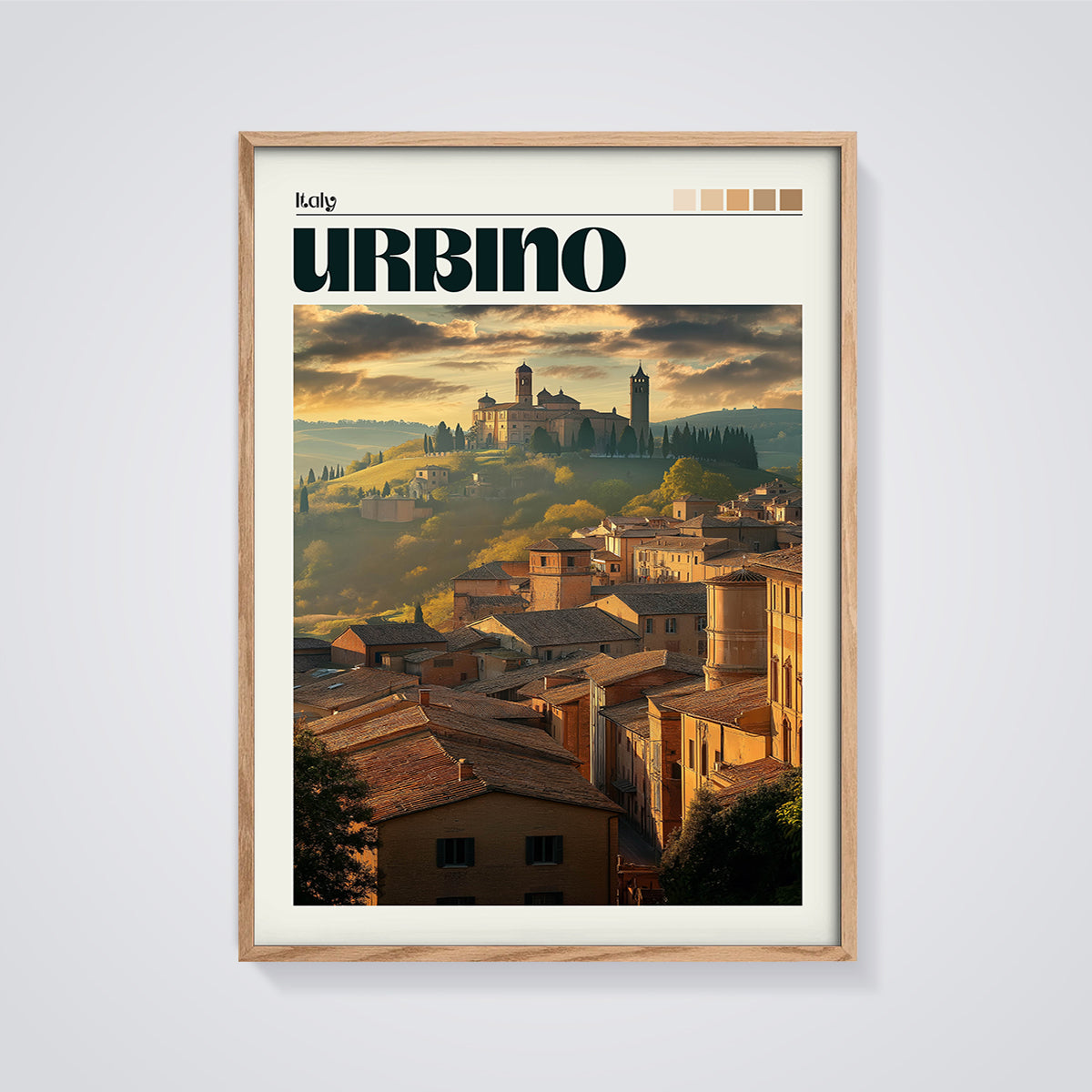 Urbino Cityscape Sunset Print framed in oak on a grey background