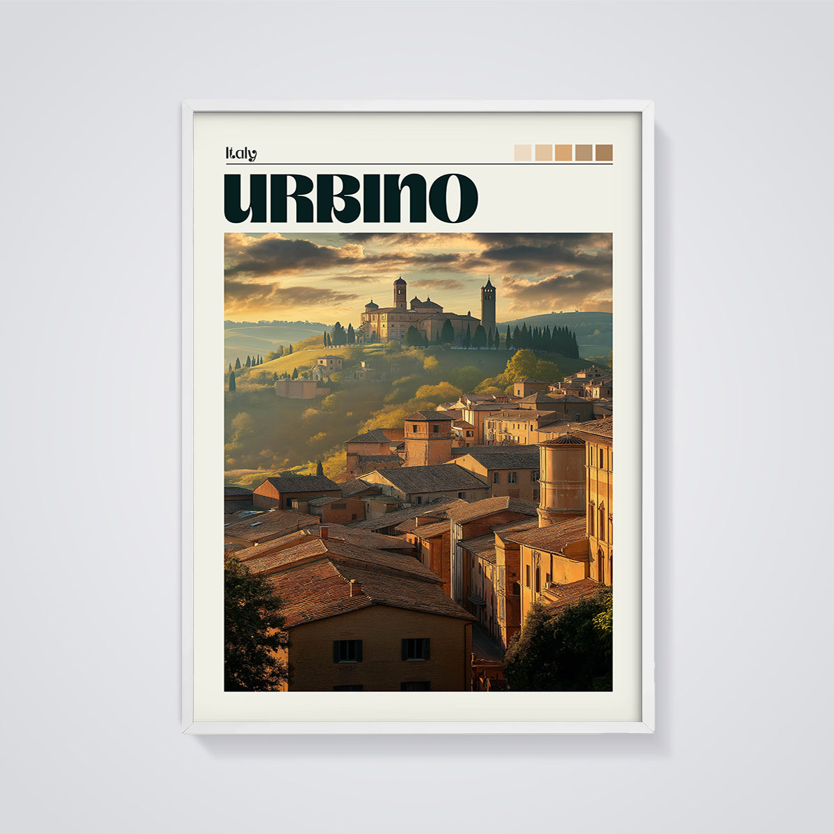 Urbino Cityscape Sunset Print framed in white on a grey background