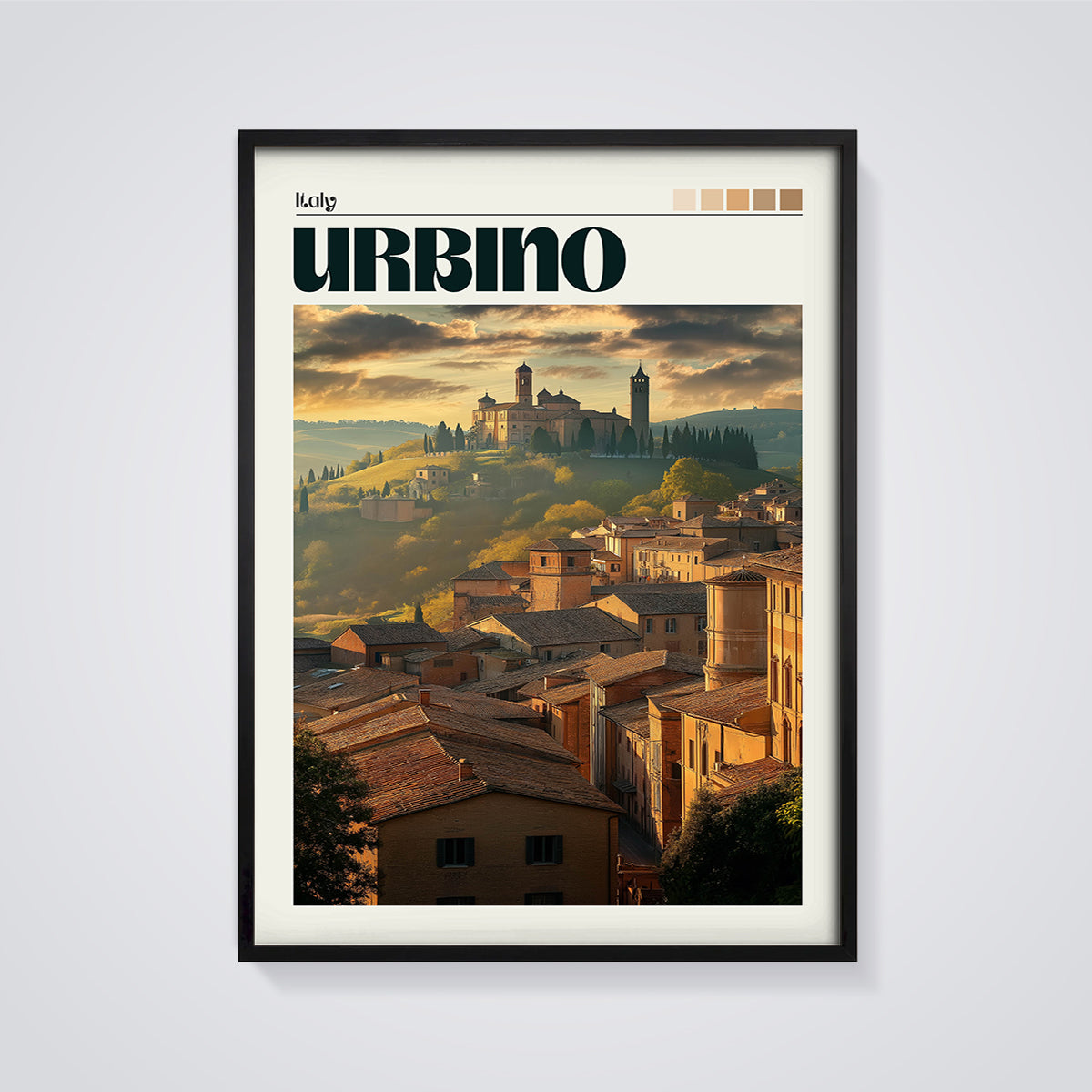 Urbino Cityscape Sunset Print framed in black on a grey background