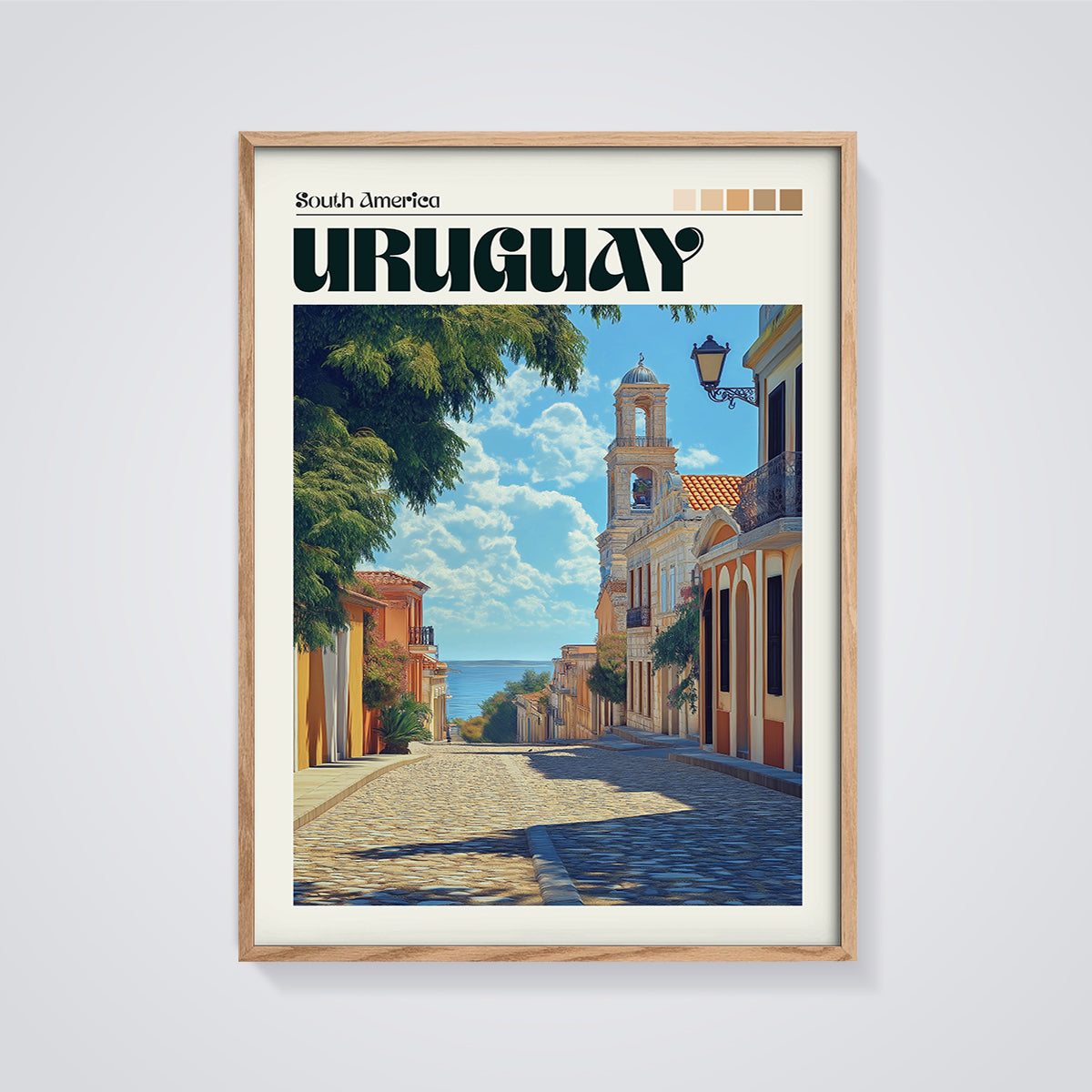 Uruguay Coastal Street Print framed in oak on a grey background