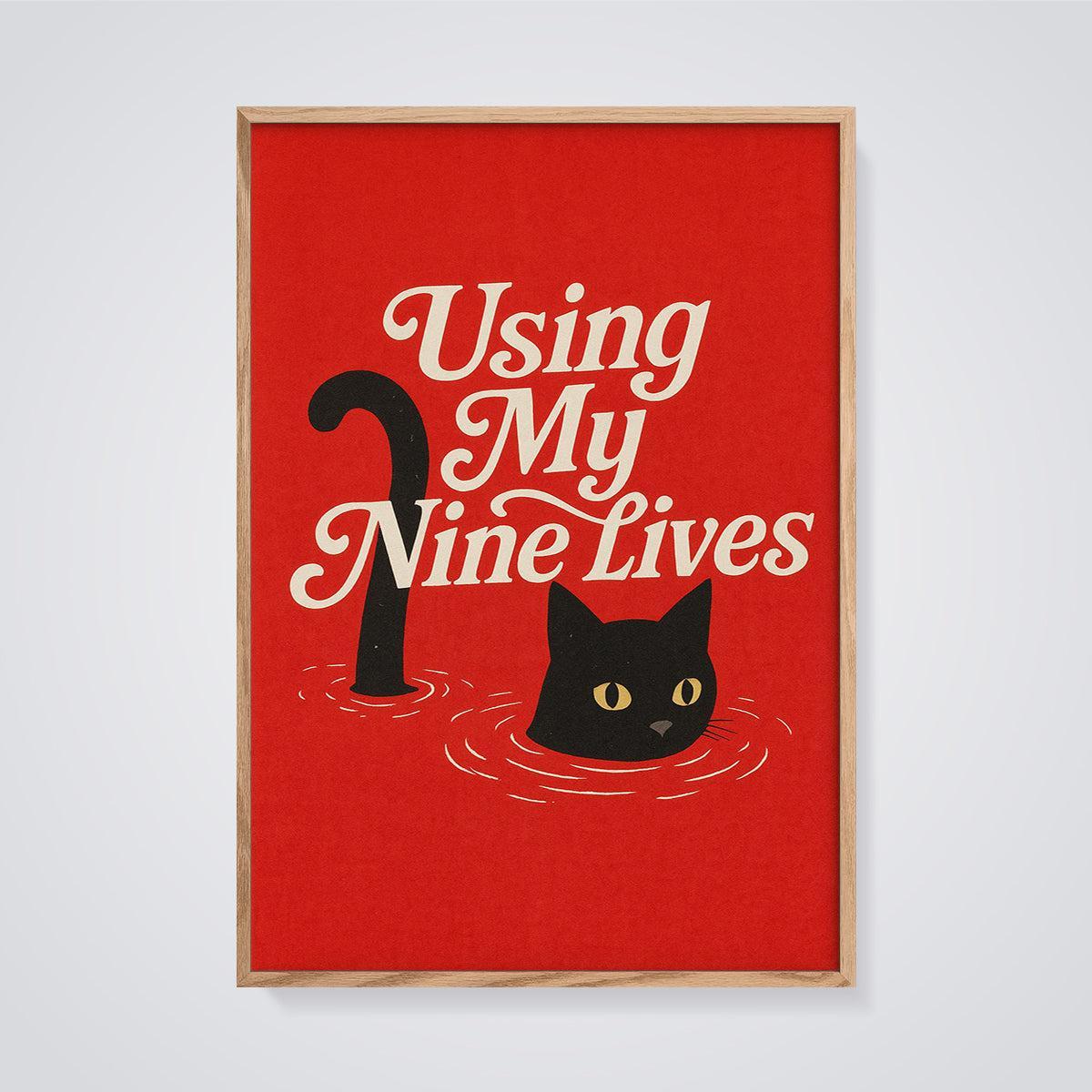 Using My Nine Lives Black Cat Print framed in oak on a grey background