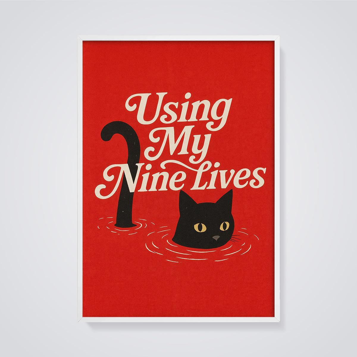 Using My Nine Lives Black Cat Print framed in white on a grey background