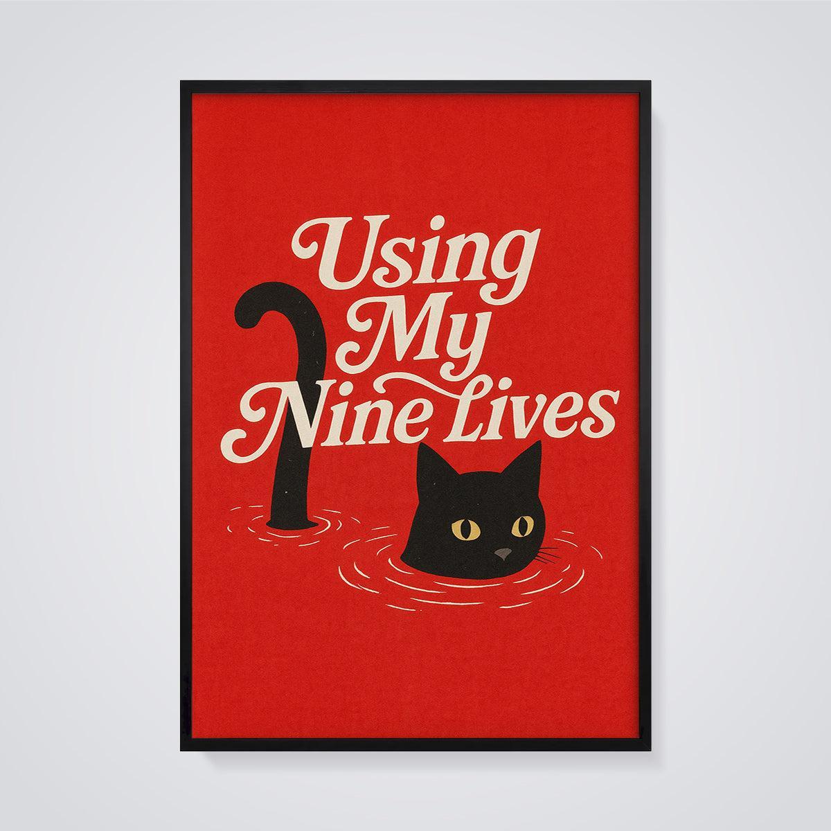 Using My Nine Lives Black Cat Print framed in black on a grey background