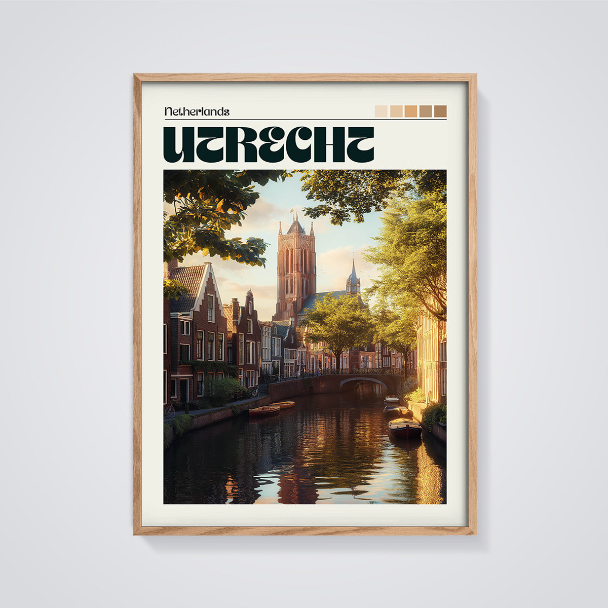 Utrecht Dom Tower Canal Print framed in oak on a grey background