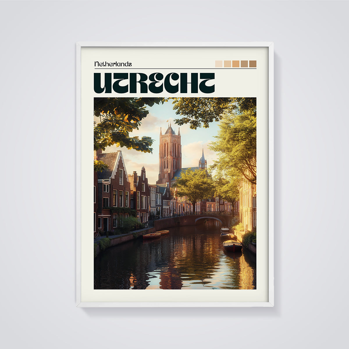 Utrecht Dom Tower Canal Print framed in white on a grey background