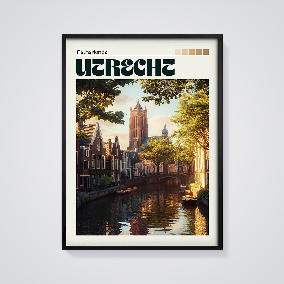Utrecht Dom Tower Canal Print framed in black on a grey background