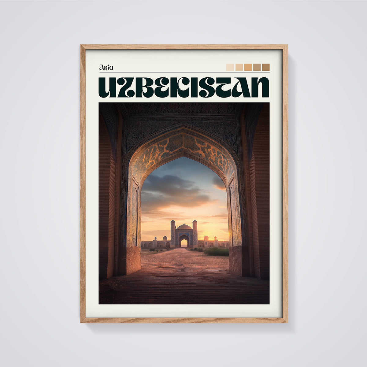 Uzbekistan Archway Sunset Print framed in oak on a grey background