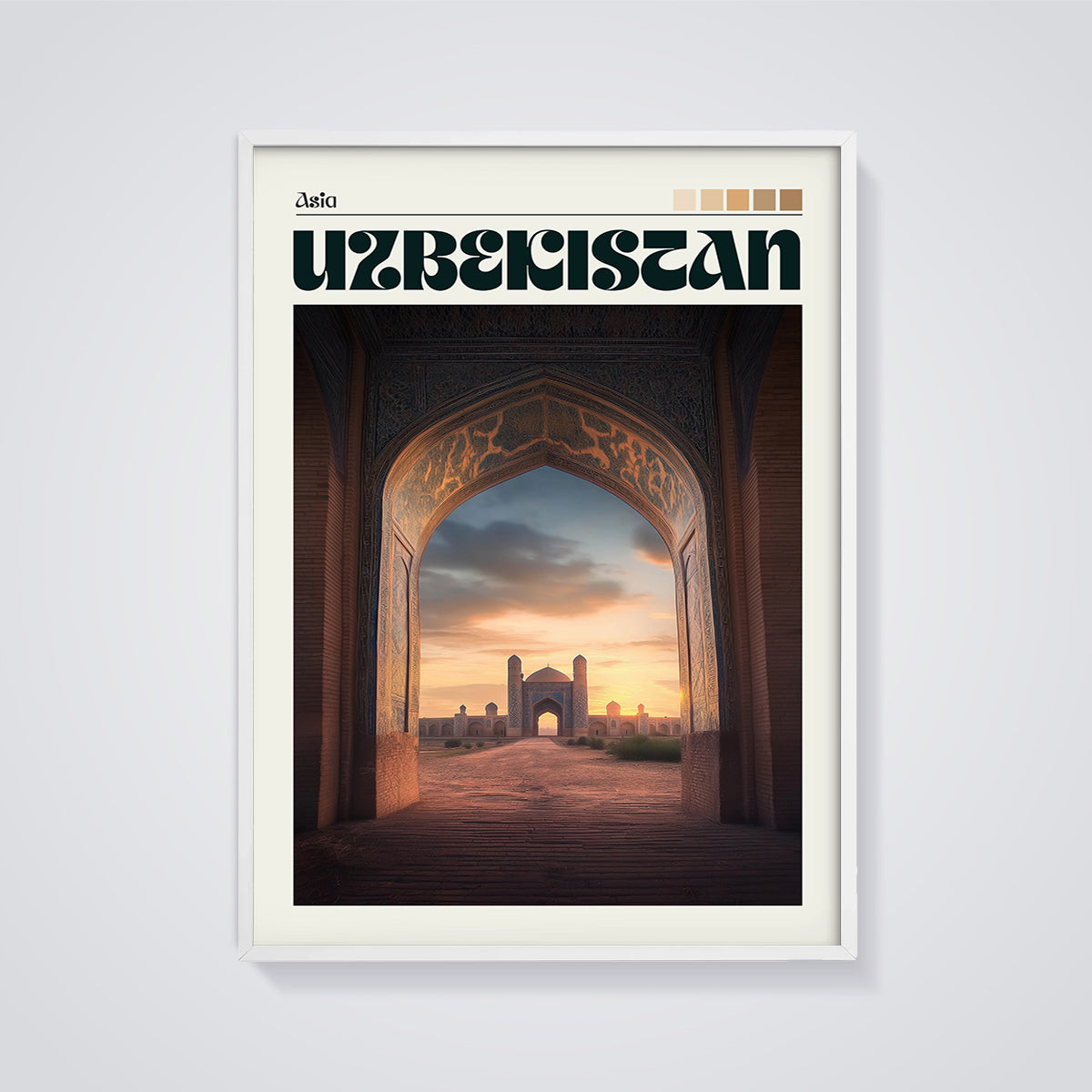 Uzbekistan Archway Sunset Print framed in white on a grey background