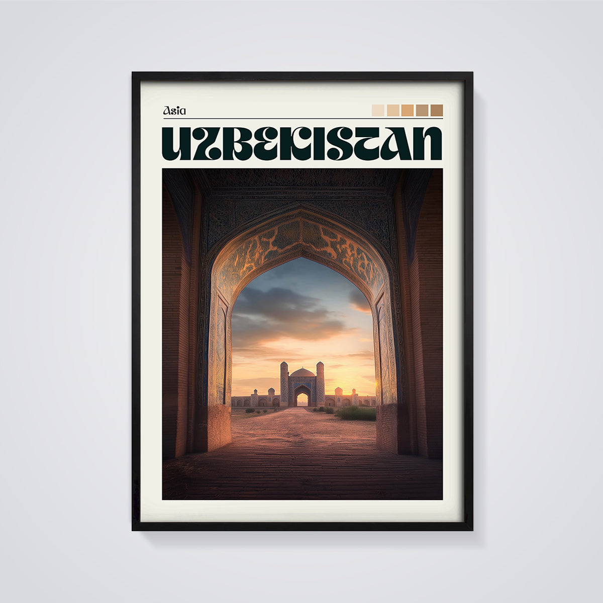 Uzbekistan Archway Sunset Print framed in black on a grey background