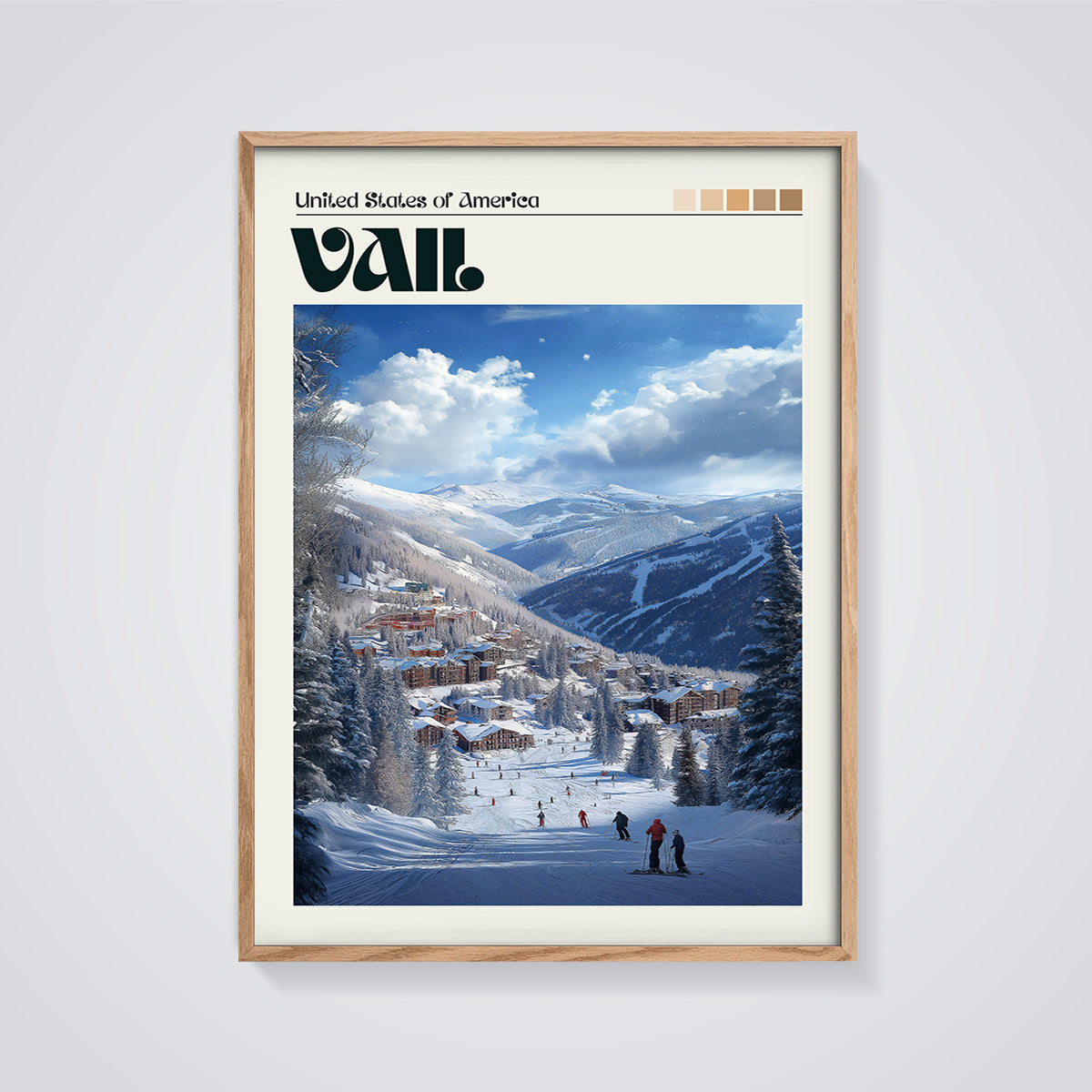 Vail Ski Slopes Print framed in oak on a grey background
