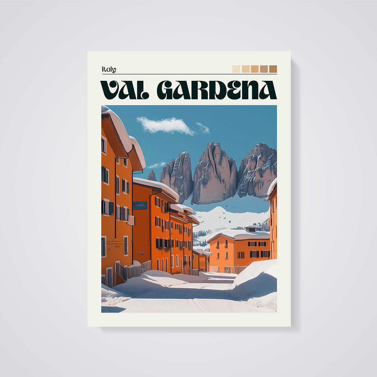 Val Gardena Winter Village Print unframed on a grey background
