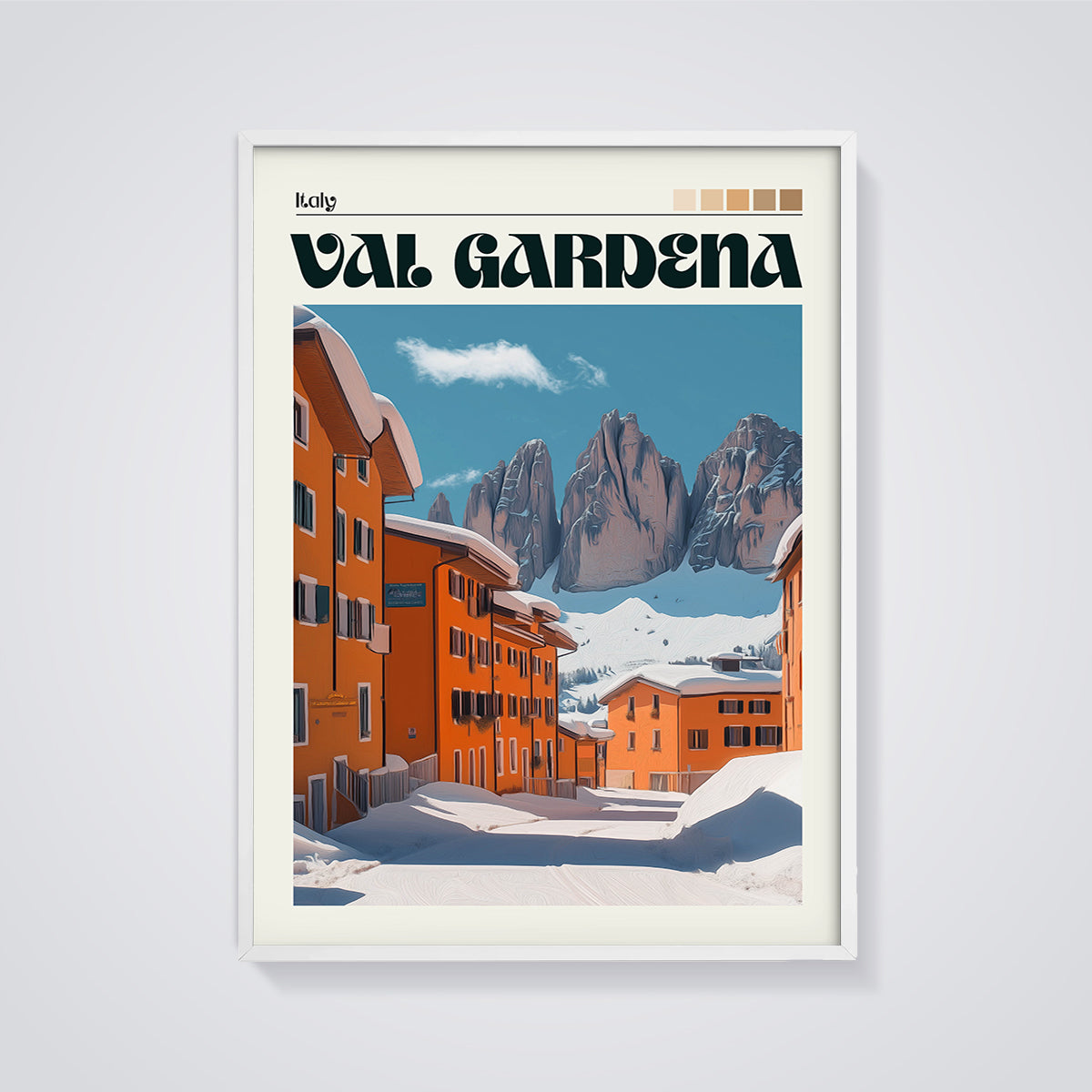 Val Gardena Winter Village Print framed in white on a grey background