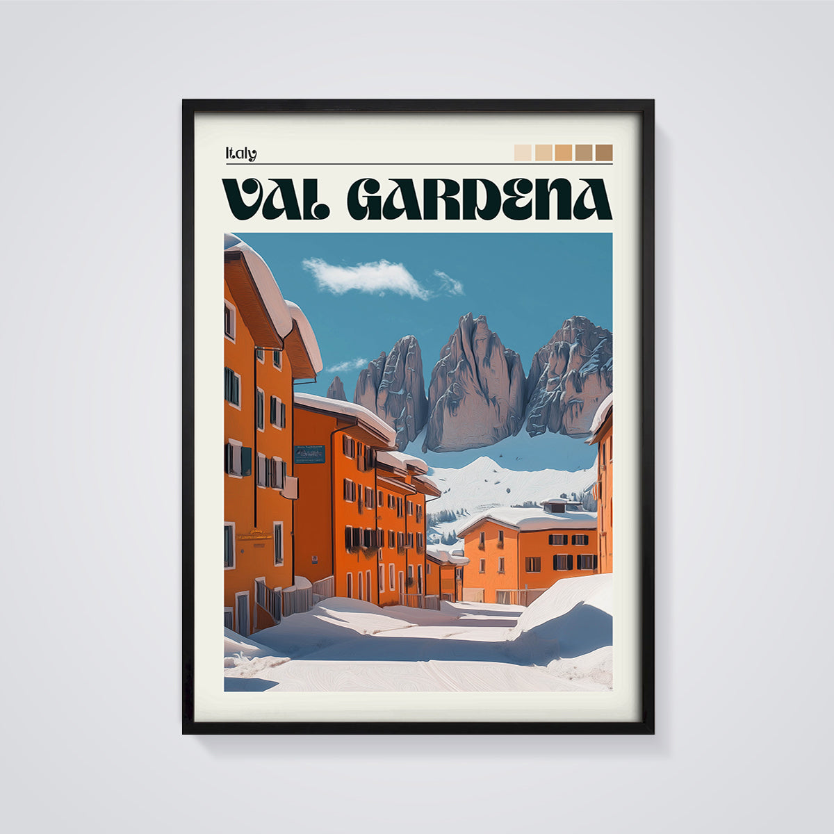 Val Gardena Winter Village Print framed in black on a grey background