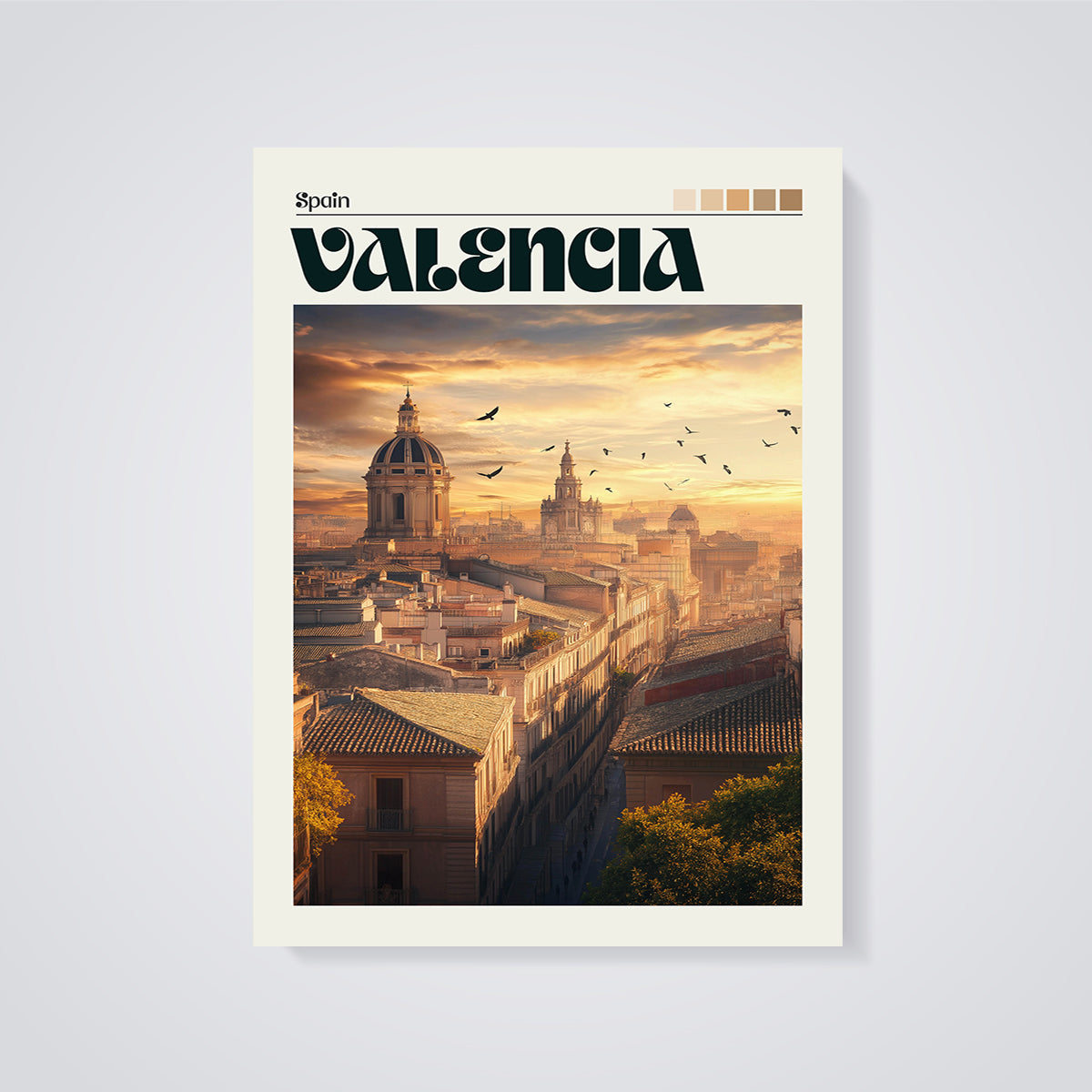 Valencia Sunset Cityscape Print unframed on a grey background