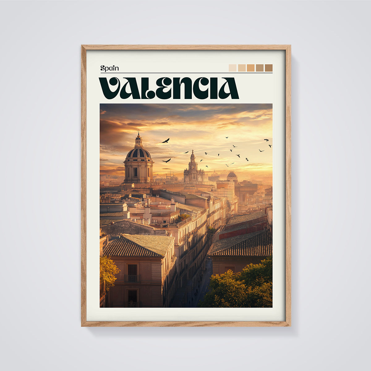 Valencia Sunset Cityscape Print framed in oak on a grey background