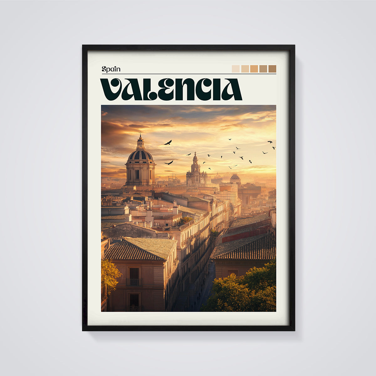 Valencia Sunset Cityscape Print framed in black on a grey background