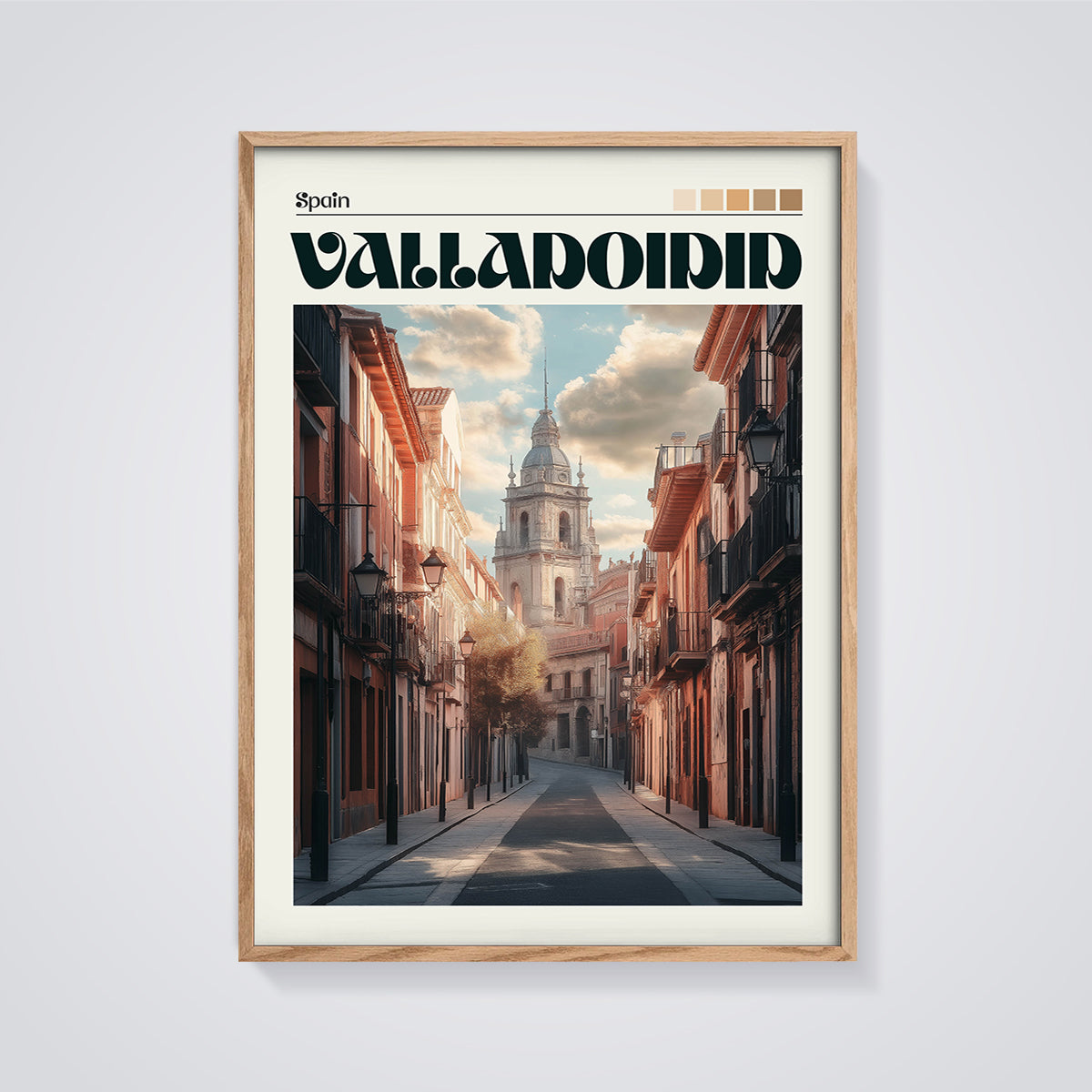Valladolid Old Town Street Print framed in oak on a grey background
