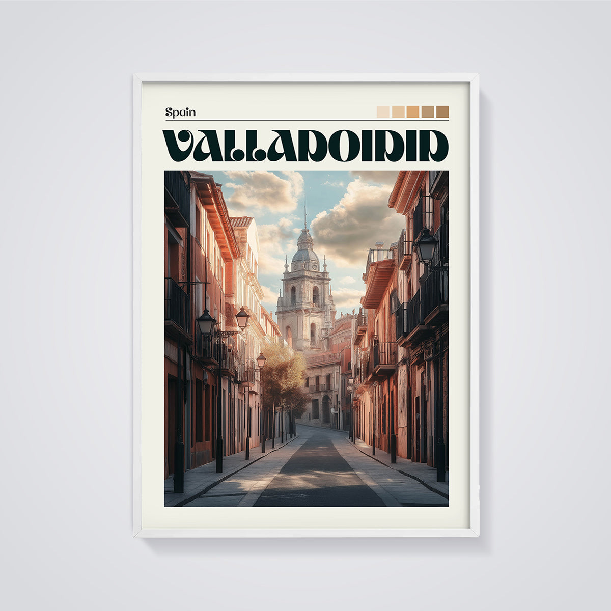 Valladolid Old Town Street Print framed in white on a grey background