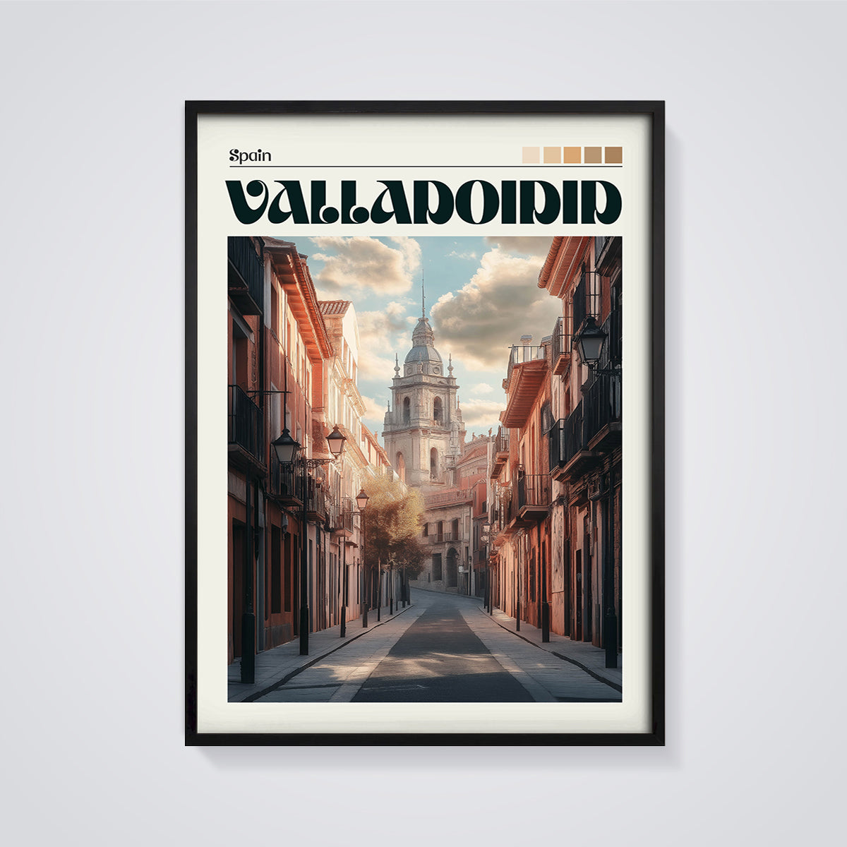 Valladolid Old Town Street Print framed in black on a grey background