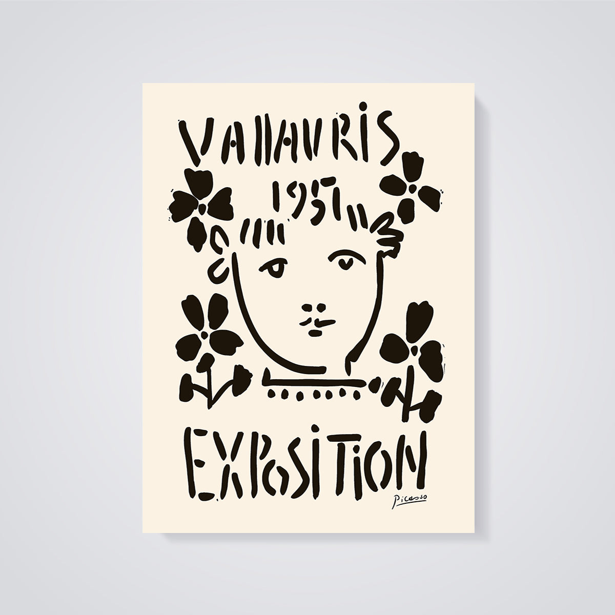 Vallauris 1957 Exhibition Face and Flowers Print unframed on a grey background