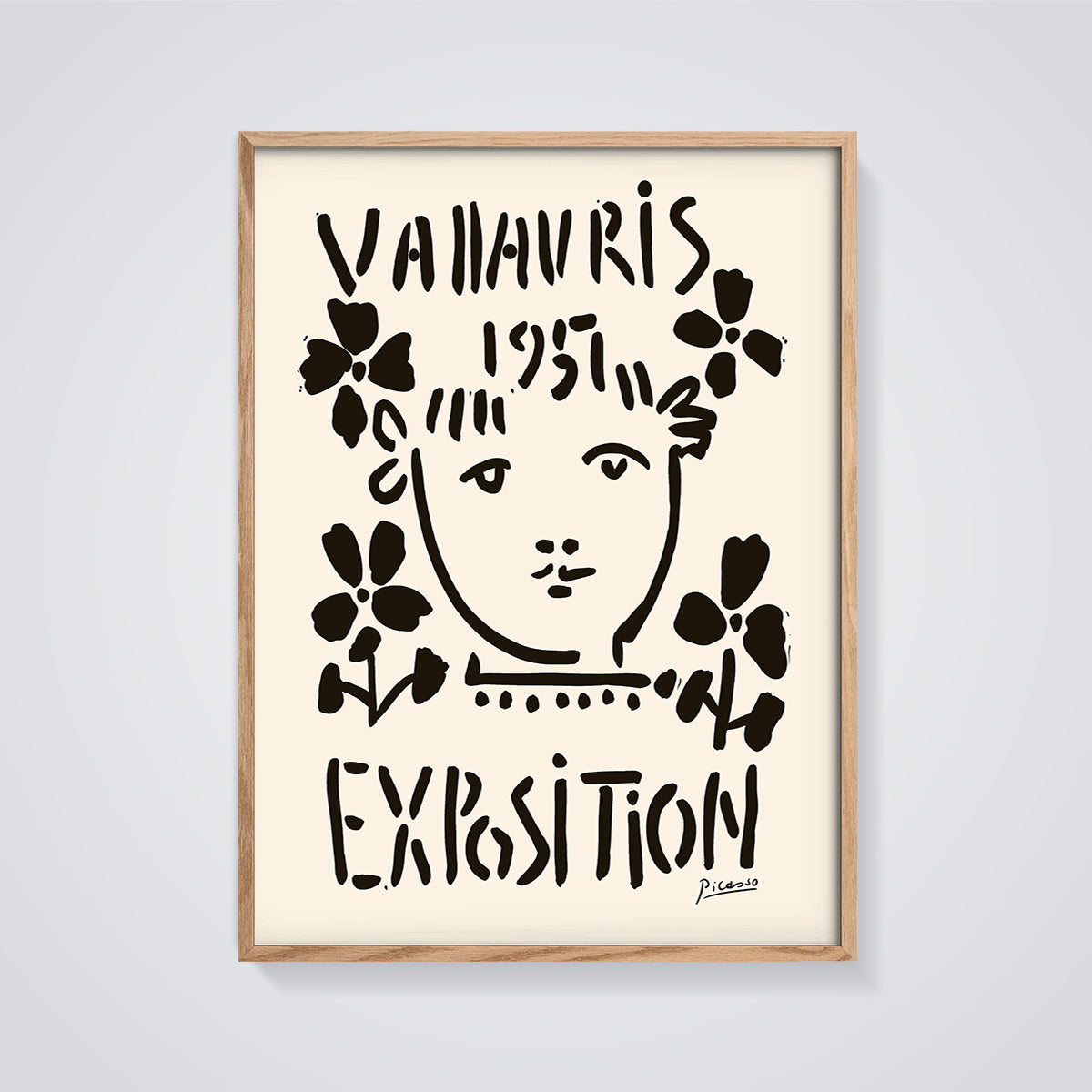 Vallauris 1957 Exhibition Face and Flowers Print framed in oak on a grey background