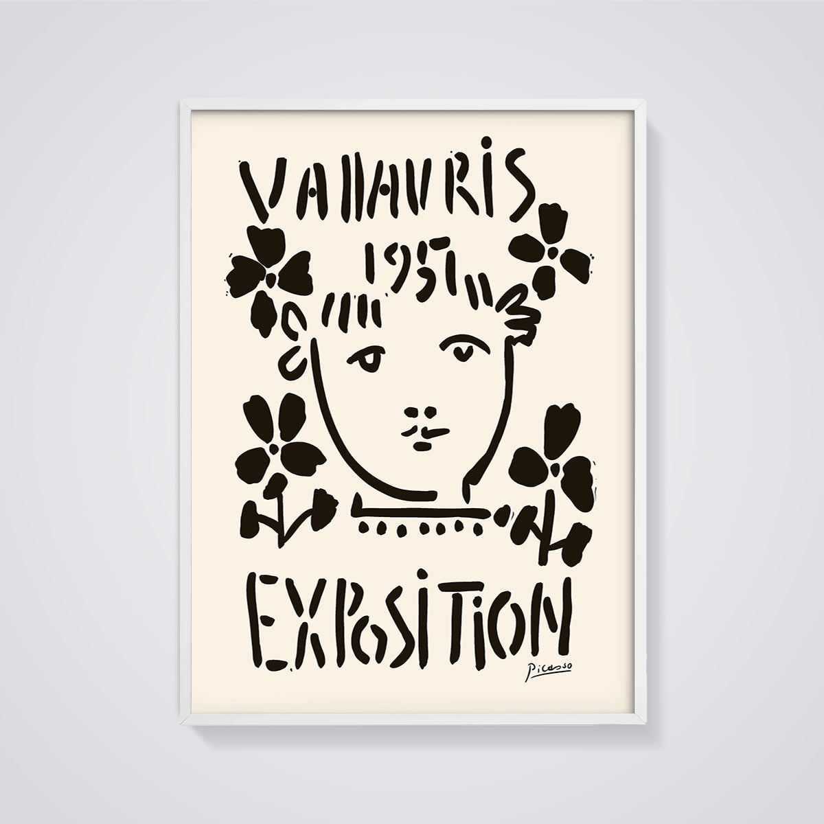Vallauris 1957 Exhibition Face and Flowers Print framed in white on a grey background