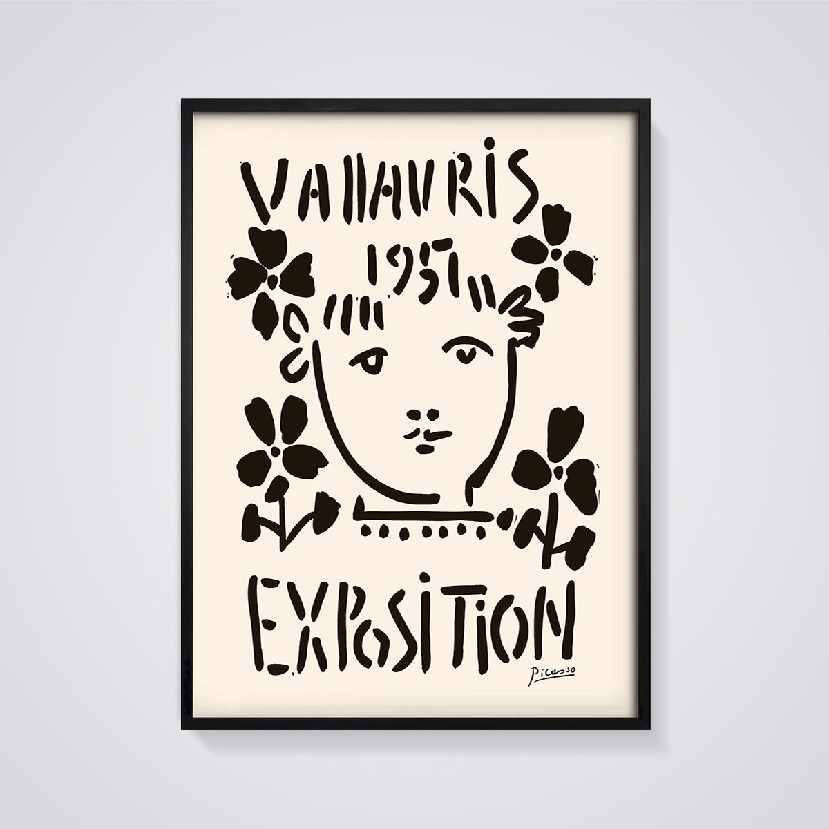 Vallauris 1957 Exhibition Face and Flowers Print framed in black on a grey background