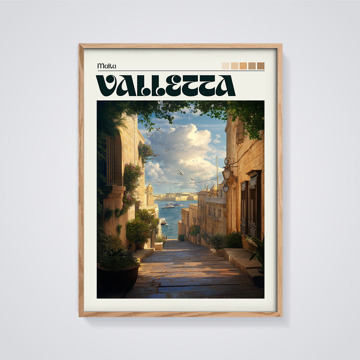 Valletta Harbor Street Print framed in oak on a grey background