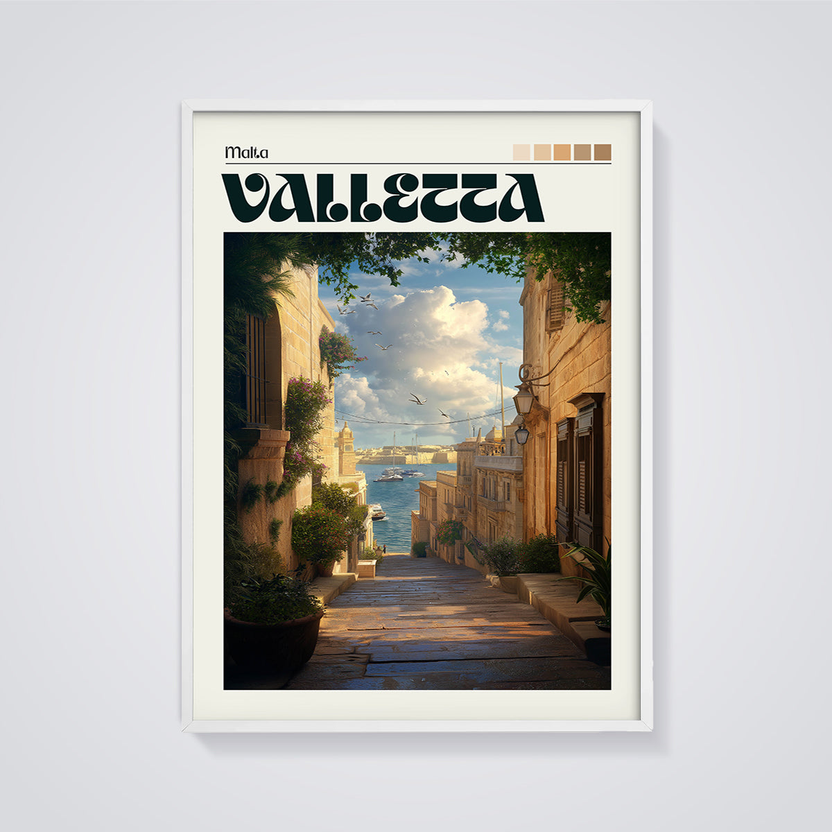 Valletta Harbor Street Print framed in white on a grey background
