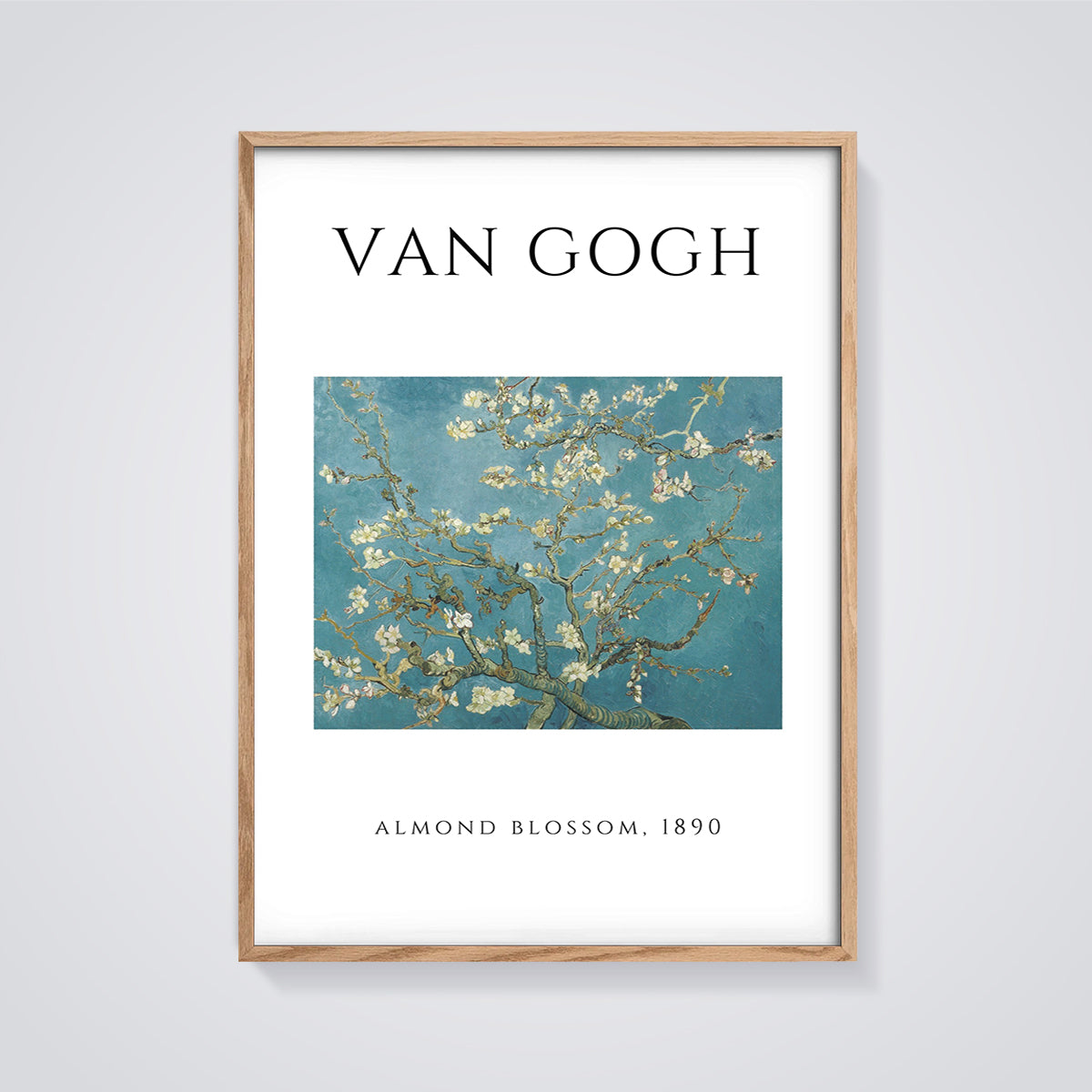 Van Gogh Almond Blossom Print framed in oak on a grey background