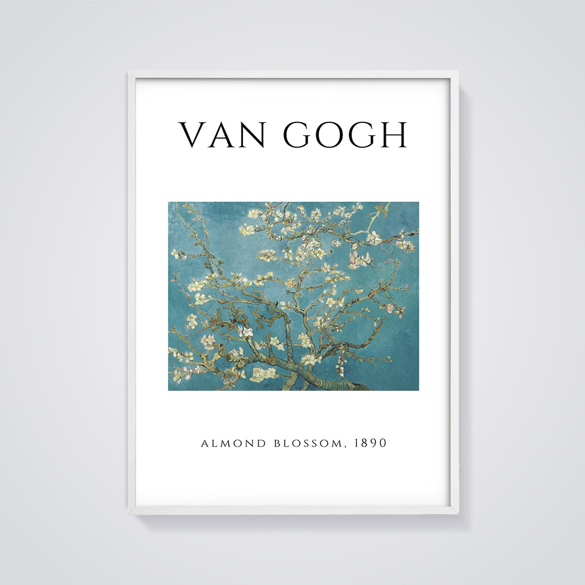 Van Gogh Almond Blossom Print framed in white on a grey background