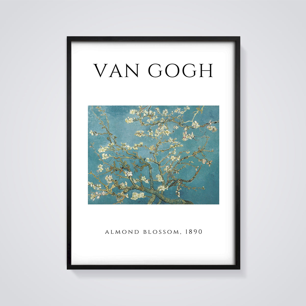Van Gogh Almond Blossom Print framed in black on a grey background