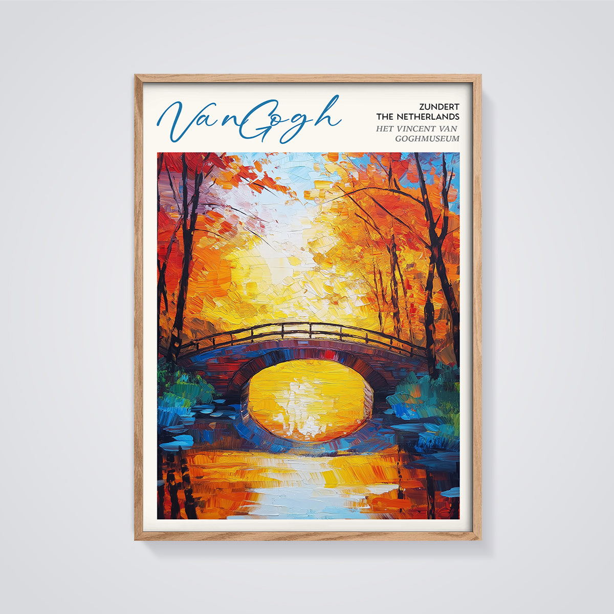 Van Gogh Autumn Bridge Impasto Print framed in oak on a grey background