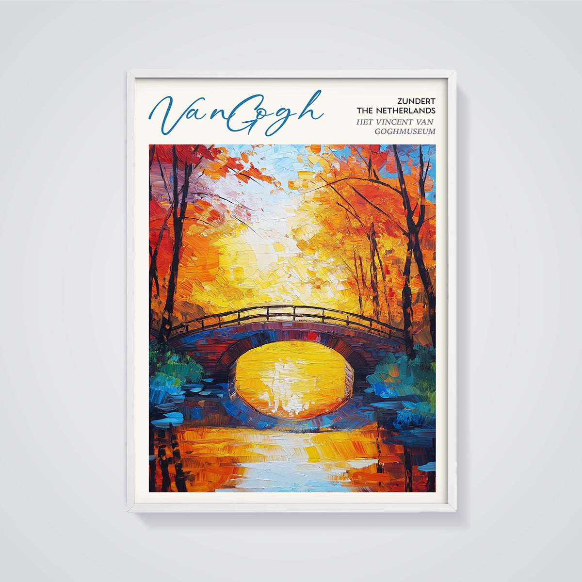 Van Gogh Autumn Bridge Impasto Print framed in white on a grey background