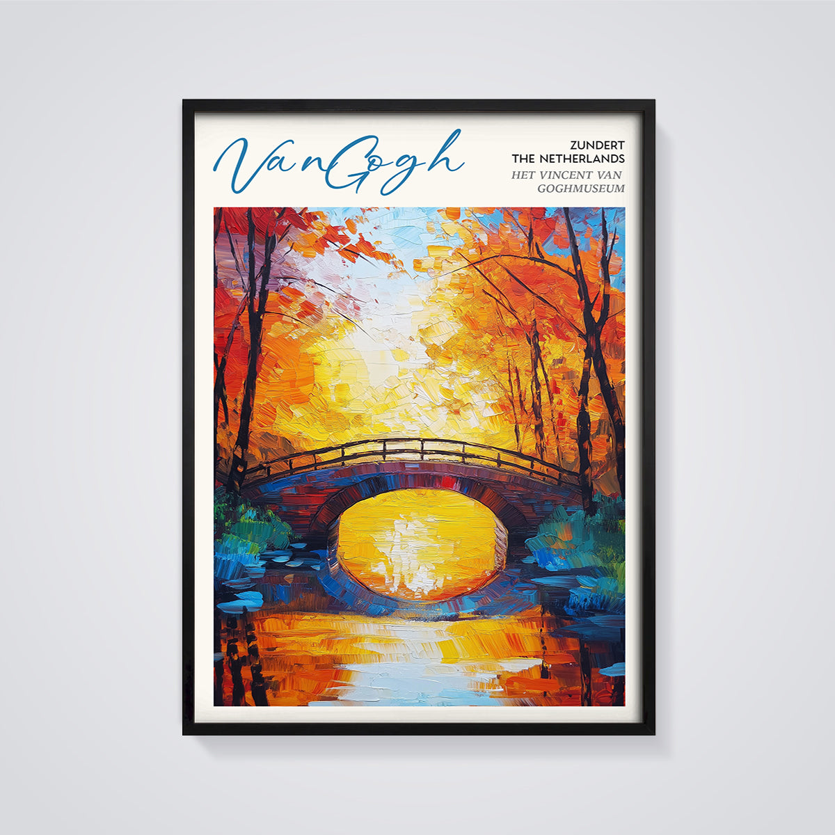Van Gogh Autumn Bridge Impasto Print framed in black on a grey background