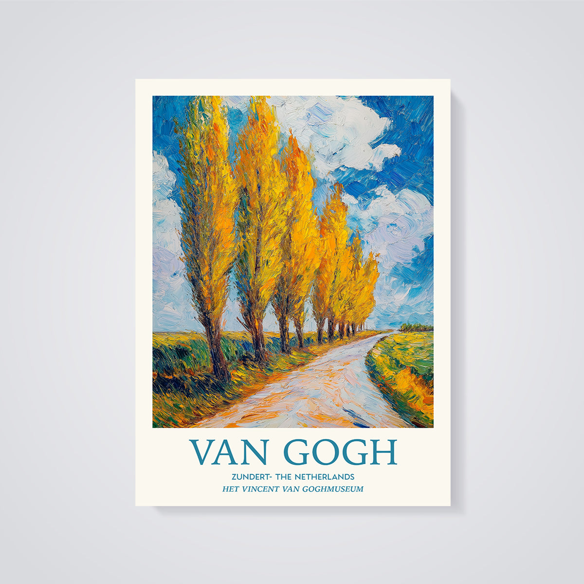 Van Gogh Autumn Poplar Lane Print unframed on a grey background