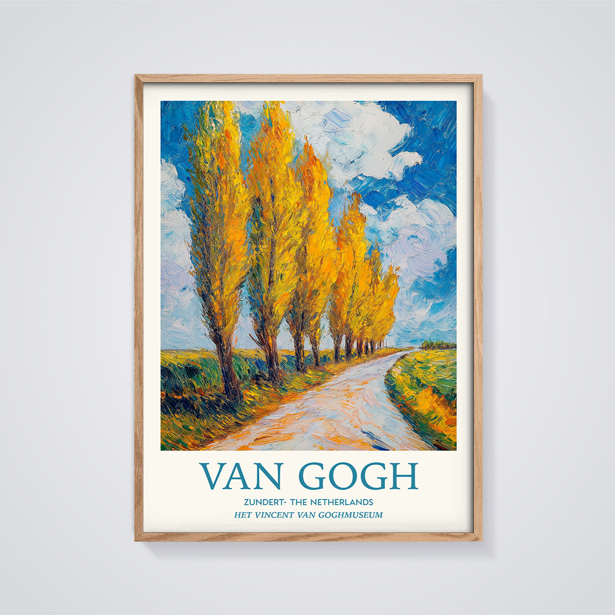 Van Gogh Autumn Poplar Lane Print framed in oak on a grey background