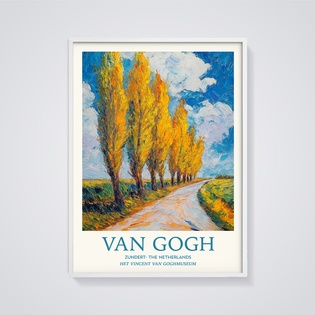 Van Gogh Autumn Poplar Lane Print framed in white on a grey background