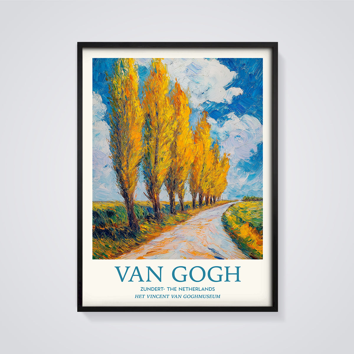 Van Gogh Autumn Poplar Lane Print framed in black on a grey background